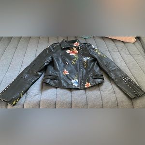Floral Embroidered Leather Jacket with Stud Accents